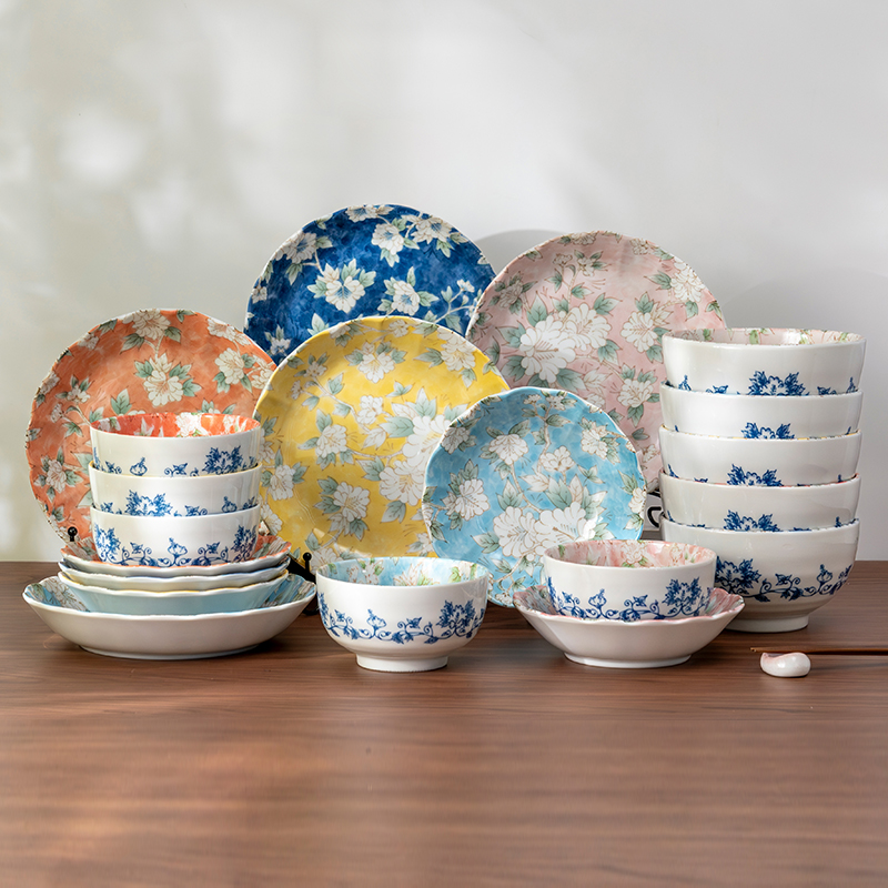 MinoYaki木槿花餐具碗碟20件