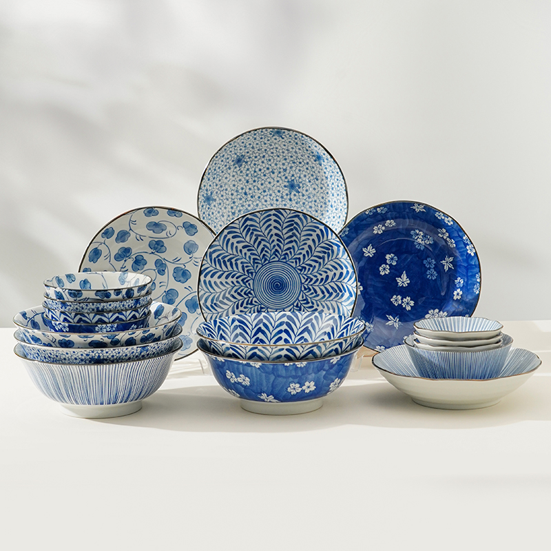美浓烧古染蓝绘餐具套装20件