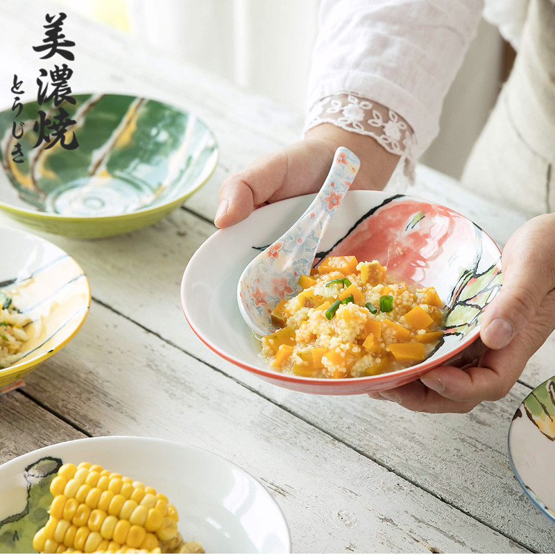 美浓烧日式釉下彩手绘7英寸菜盘家用创意餐具碟子陶瓷水果点心盘