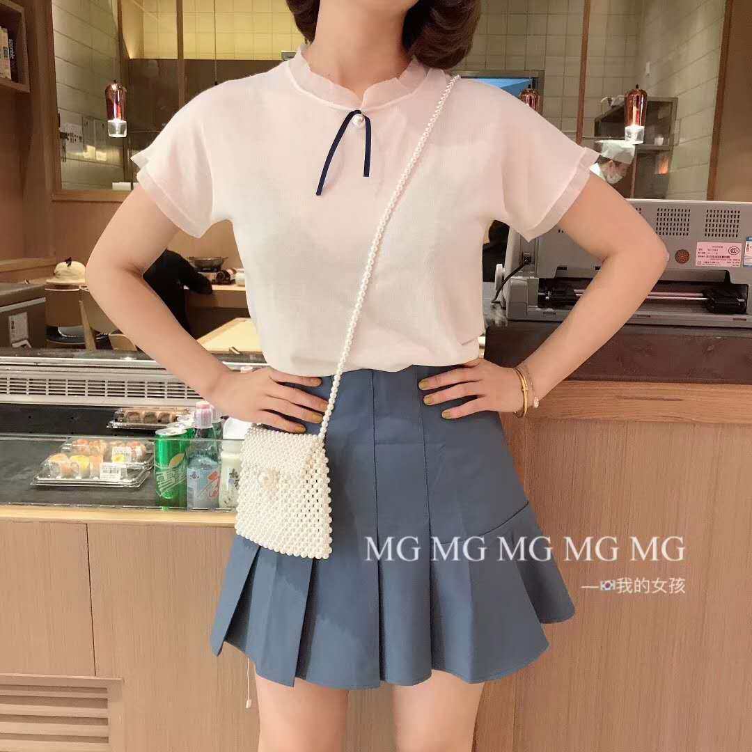 小众心机白色冰织t恤女短袖宽松2022夏冰丝针织薄款圆领网纱学生