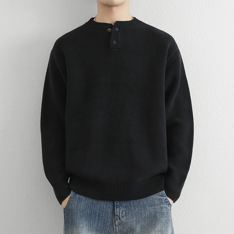 URSBOB冬季纯棉男士圆领套头毛衣时尚加厚青年保暖针织打底衫男装
