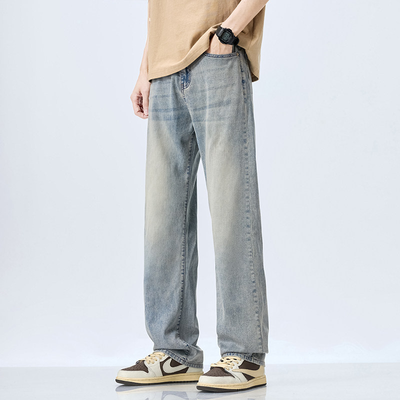 URSBOB春装青年中腰宽松运动长裤潮牌男士直筒牛仔裤时尚百搭休闲