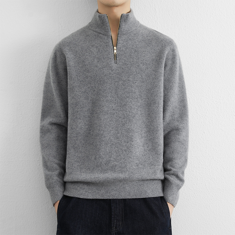 URSBOB冬季羊绒衫男士拉链立领套头毛衣时尚加厚保暖针织绵羊毛
