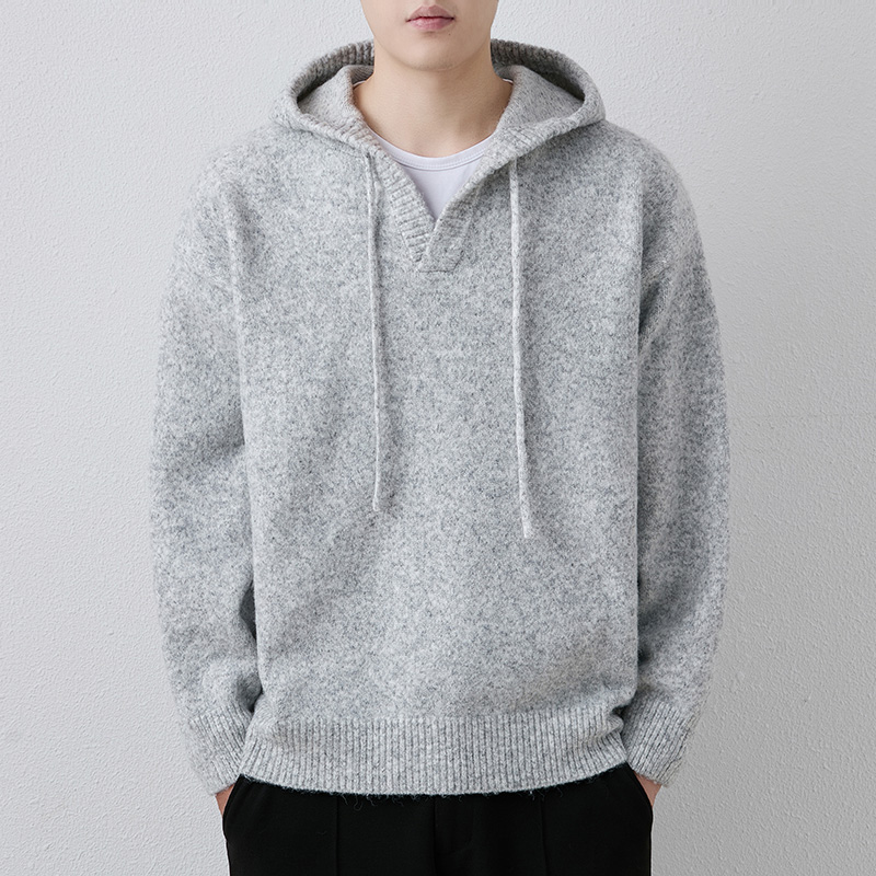 URSBOB时尚百搭宽松青年针织衫上衣2025冬季新款男士连帽套头毛衣