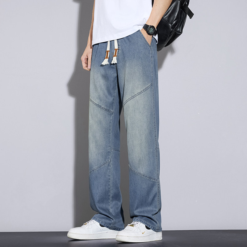 URSBOB春装青年中腰宽松运动长裤潮牌男士直筒牛仔裤时尚纯色潮流