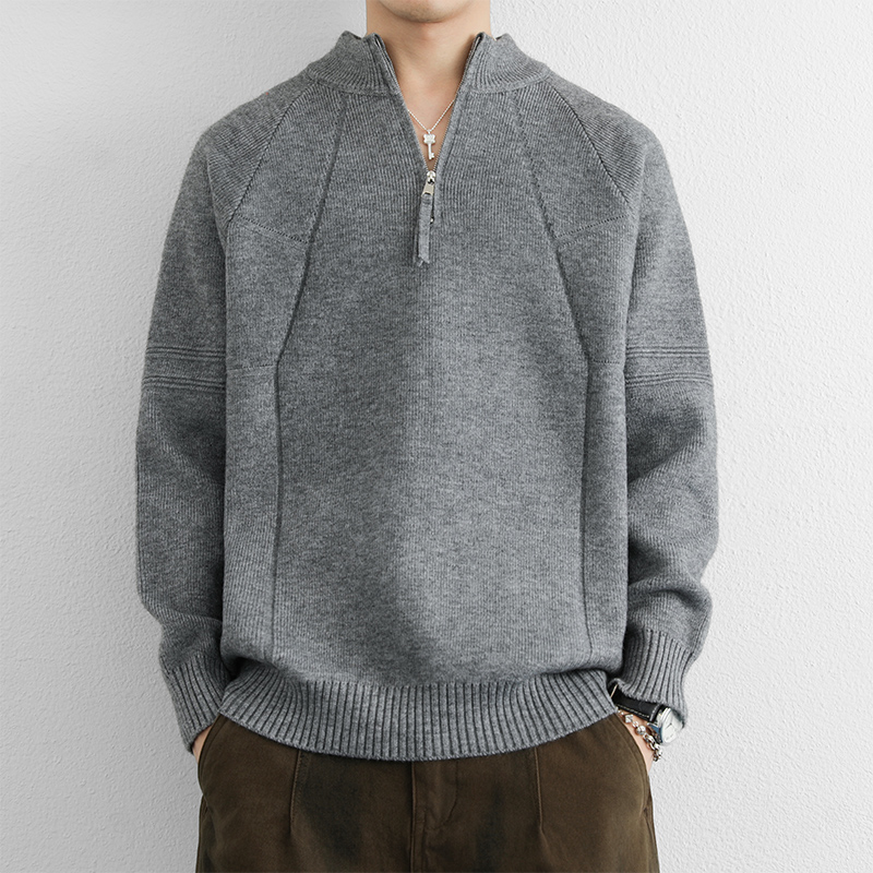 URSBOB冬季新款男士拉链立领套头毛衣百搭男士长袖针织打底衫上衣