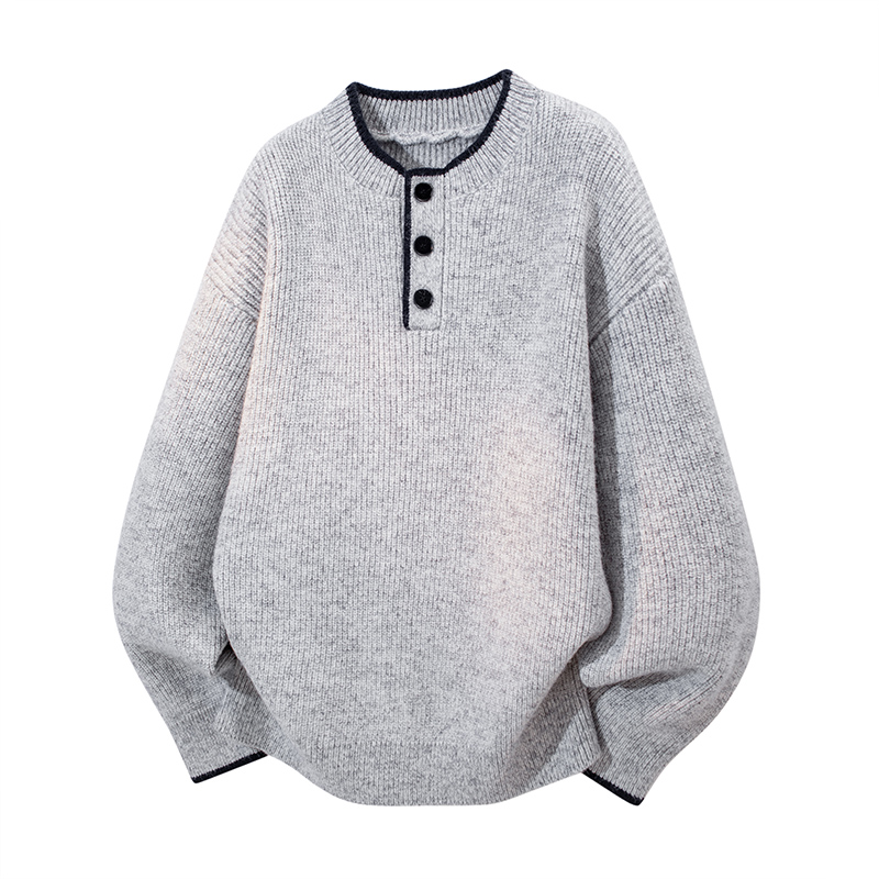 URSBOB冬季新款男士纽扣圆领套头毛衣加厚保暖青年针织打底衫上衣