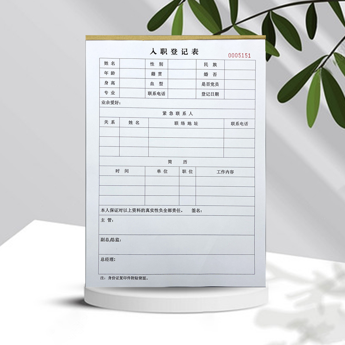 现货a4入职登记表申请单