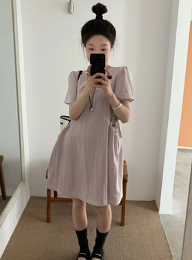 eter圆领纯色收腰设计感短袖连衣裙女2025夏新款甜美气质W251157