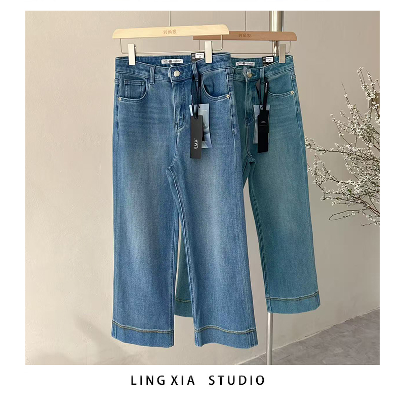 S家正品98163九分四面弹牛仔裤女小雏菊刺绣高腰显瘦直筒裤春秋款