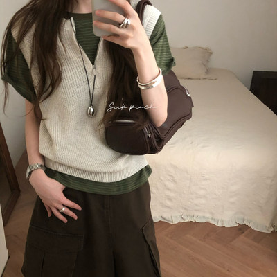 over rich韩系简约圆领亚麻拉链背心女设计感2026秋新款针织坎肩