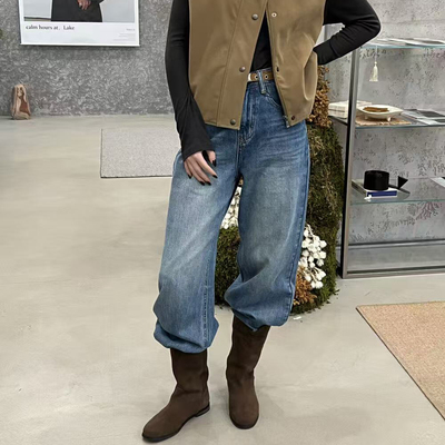 韩货LAKE水洗复古配腰带磨毛牛仔裤女薄绒阔腿裤2025秋冬款66179
