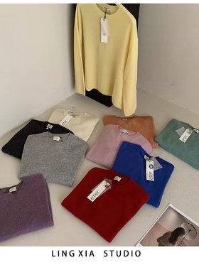 eter圆领全羊毛打底针织衫女秋冬新款宽松显瘦多巴胺色打底毛衣