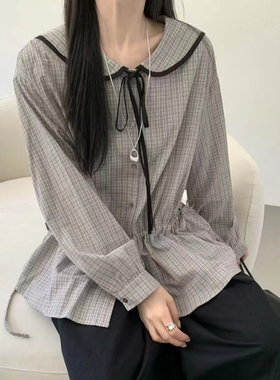 eter娃娃领格子衬衫女长袖海军翻领设计感文艺甜美秋百搭学院风
