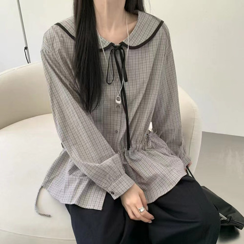 eter娃娃领格子衬衫女长袖海军翻领设计感文艺甜美秋百搭学院风