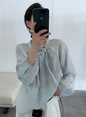 天丝衬衫女长袖eter正品秋新款百搭系带圆领微透甜美小衫DAU1425