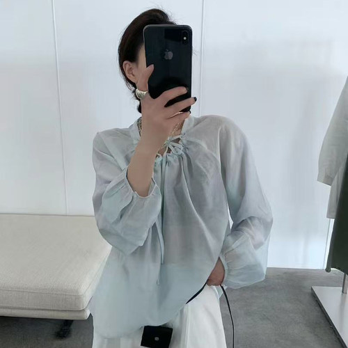 天丝衬衫女长袖eter正品春新款百搭系带圆领微透甜美小衫DAU1425