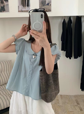 eter娃娃领泡泡袖短袖衬衫女韩版显瘦小衫2025夏季新款hemp衬衣