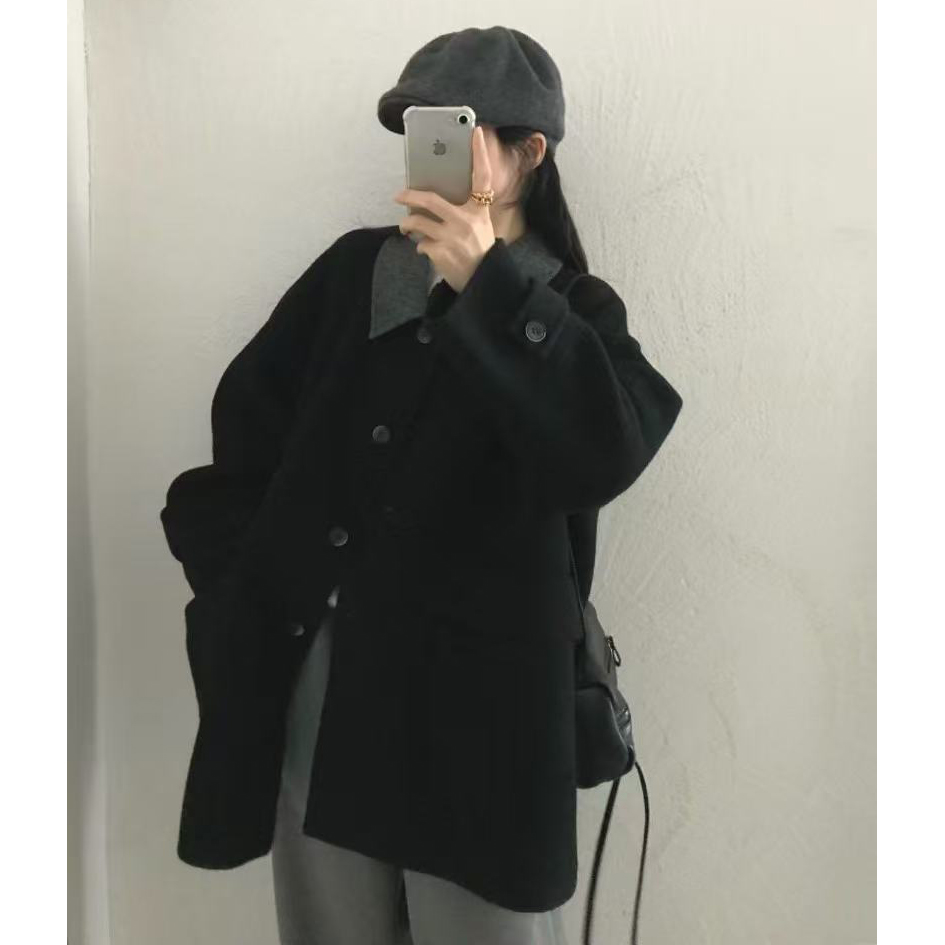 eter撞色方领毛呢大衣女2025秋冬新款hemp韩版羊毛外套w258063