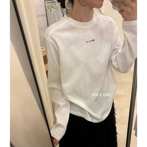 2026年春季白T叠穿女明线拼接宽松显瘦袖打底衫长袖T恤蝴蝶结笑脸
