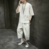 Футболка с коротким рукавом, летний тонкий хлопковый комплект, китайский стиль, большой размер, с вышивкой, из хлопка и льна