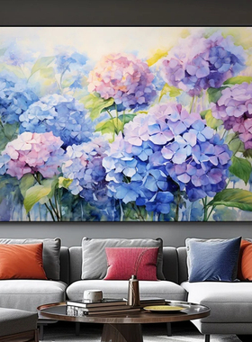 大芬村纯手绘油画抽象绣球花轻奢花卉客厅装饰画横版餐厅卧室挂画
