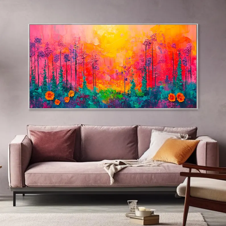 大芬村手绘油画抽象花卉树林风景客厅装饰画横版卧室餐厅肌理挂画图片