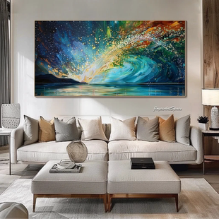 大芬村纯手绘油画抽象星空大海轻奢客厅装饰画卧室肌理感横版挂画