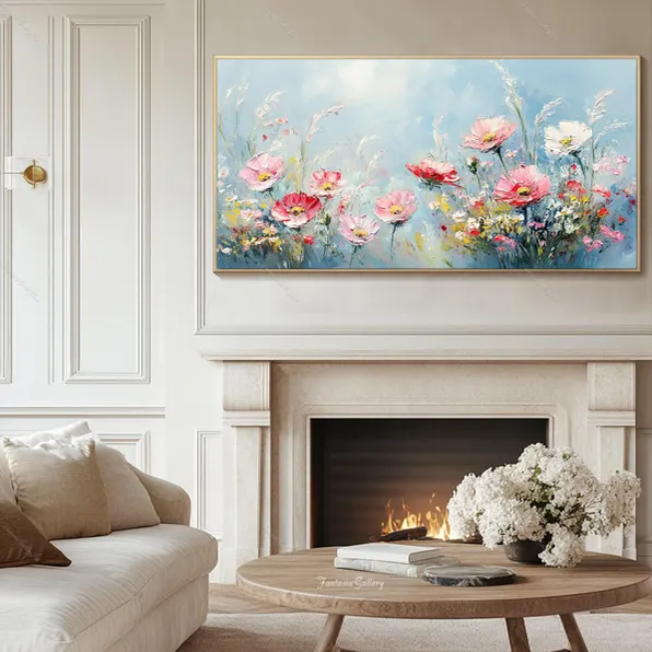 大芬村手绘油画抽象花卉小清新肌理感客厅装饰画轻奢卧室餐厅挂画图片