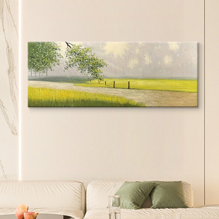 纯手绘油画绿色草地风景清晨的阳光装饰画客厅横版挂画玄关肌理画