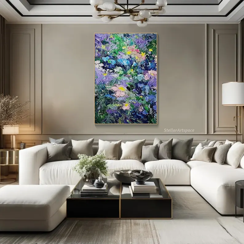 大芬村手绘油画抽象花卉北欧复古客厅装饰画餐厅走廊卧室治愈挂画图片