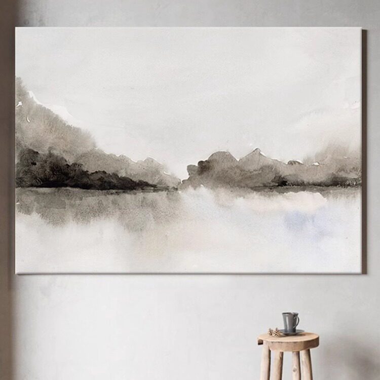 新中式纯手绘油画玄关装饰画客厅禅意侘寂风水墨山水风景抽象挂画