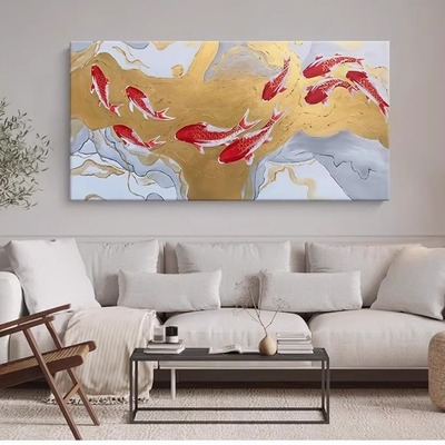 大芬村油画招财锦鲤客厅装饰画玄关新中式九鱼图鲤鱼肌理手绘挂画