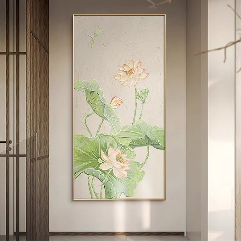 纯油画荷花玄关装饰画手绘油画走廊尽头挂画新中式壁画肌理感图片
