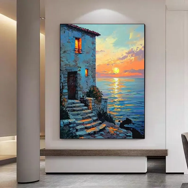 大芬村手绘油画抽象大海日出海边建筑风景客厅装饰画走廊玄关挂画图片