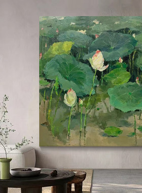 大芬村纯手绘油画新中式客厅水墨荷花装饰画玄关莲花玄关餐厅挂画