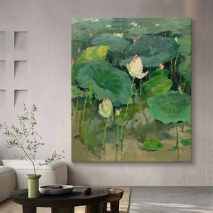 新中式吴冠中客厅水墨荷花卉装饰画玄关手绘壁画油画肌理莲花挂画