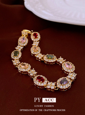 18k真金电镀锆石椭圆卡扣手链欧美ins复古轻奢手链高级感手饰批发