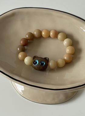 Ojala原创设计国风绿檀木猫猫头天然菩提果新中式手串个性手链