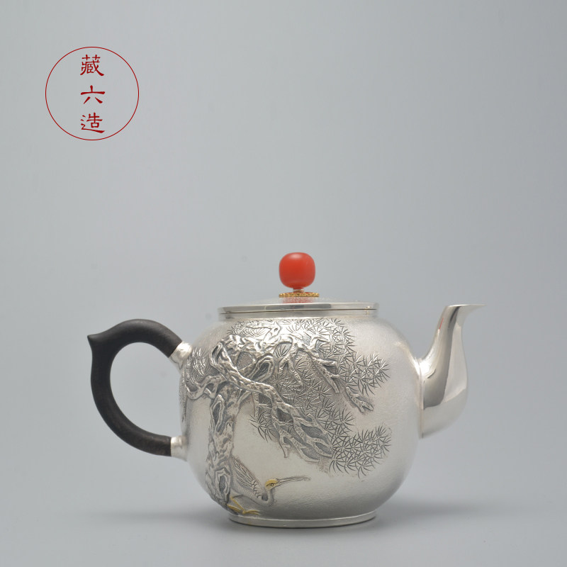 银壶 藏六造霞景飞松银壶 纯银999泡茶壶纯手工日本高端小银壶