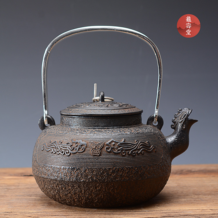 铁壶龟寿堂日本手工l凤凰口银手把无涂层铸铁壶 老铁壶烧水铁茶壶