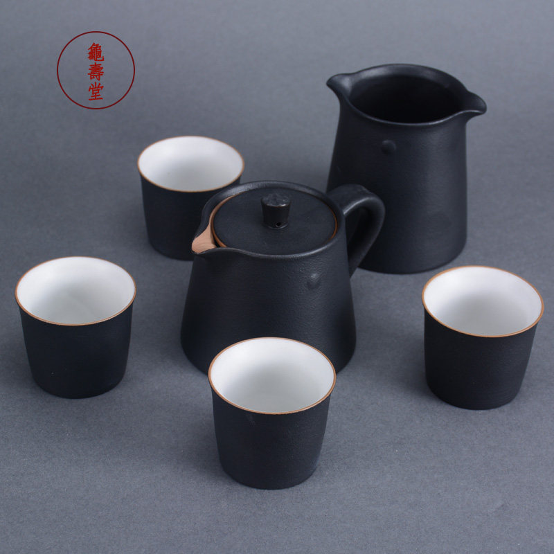 公道杯茶器漏过滤粗陶耐热日本四方团圆黑砂釉一体分茶带漏壶套装