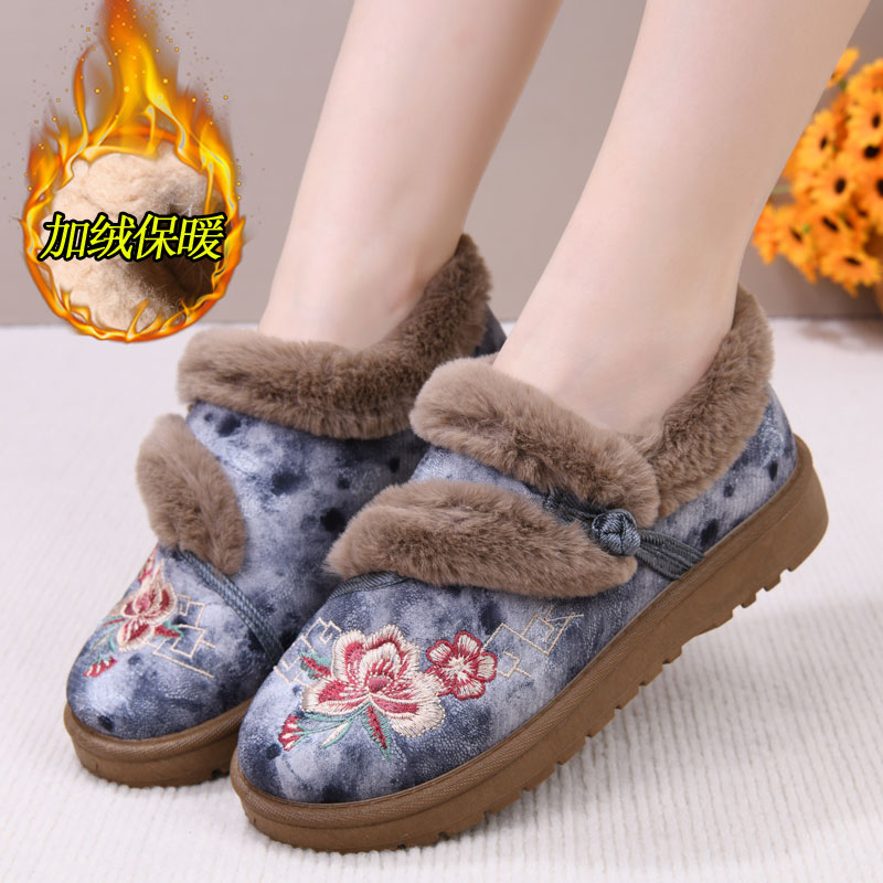 冬季加绒老北京布鞋复古民族风女士棉鞋中老年人舒适软底妈妈棉鞋