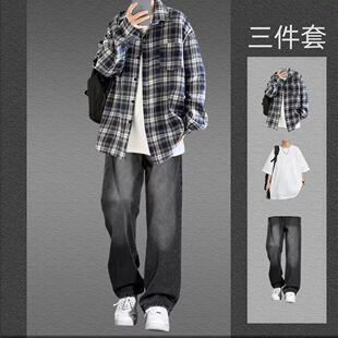 春秋长袖格子衬衫男INS潮牌港风痞帅一套休闲宽松百搭青少年套装