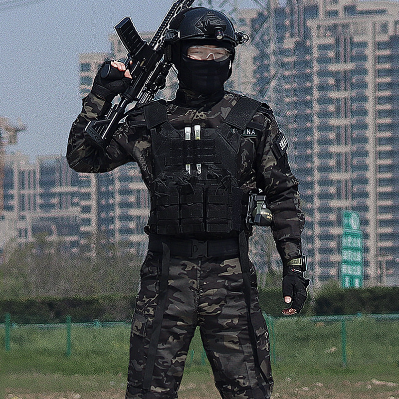 夏季暗夜迷彩服套装男套装 特战服全套黑色工地耐磨防刮cs野