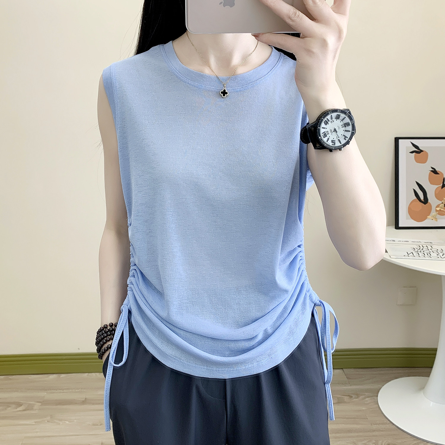 无袖速干T恤女宽松圆领抽绳运动背心春夏透气跑步瑜伽健身薄罩衫