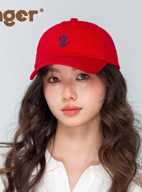 INGER原创潦草小狗｜红色刺绣纯棉软顶棒球帽加深加宽帽檐鸭舌帽