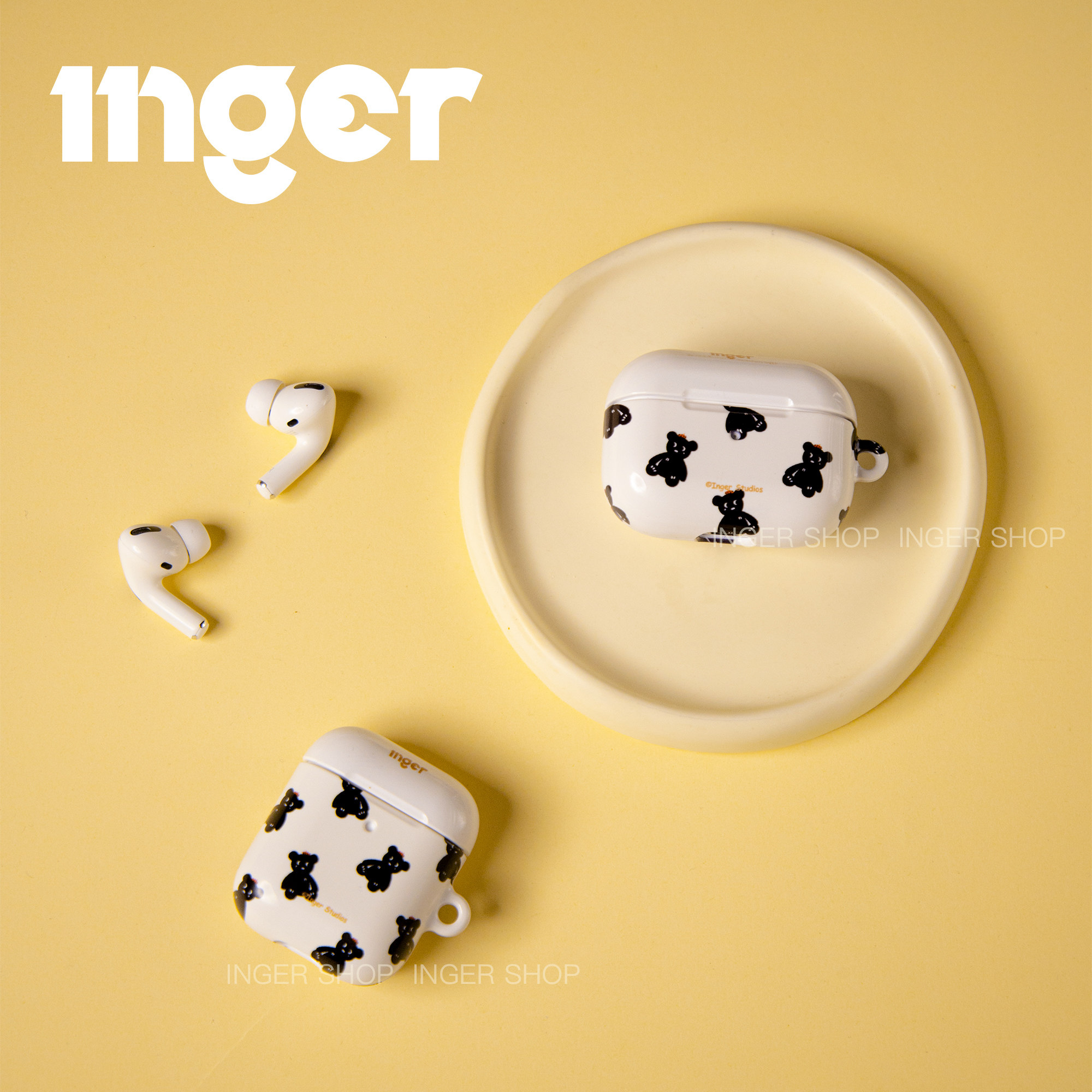 inger原创 哭泣小熊光面菲林硬壳适用于airpods1/2/3代苹果耳机壳