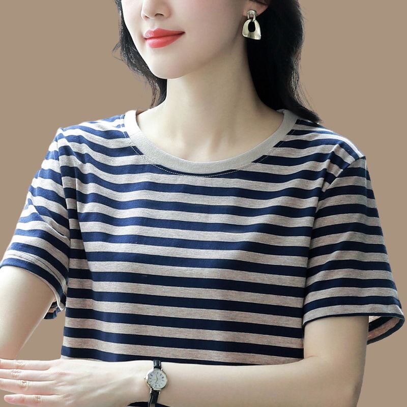 纯棉条纹短袖t恤女夏装2025新款上衣半袖体恤衫宽松大码洋气妈妈