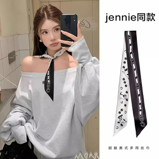 网红同款黑白丝巾2025春款气质百搭丝带领巾法式复古发带飘带围巾